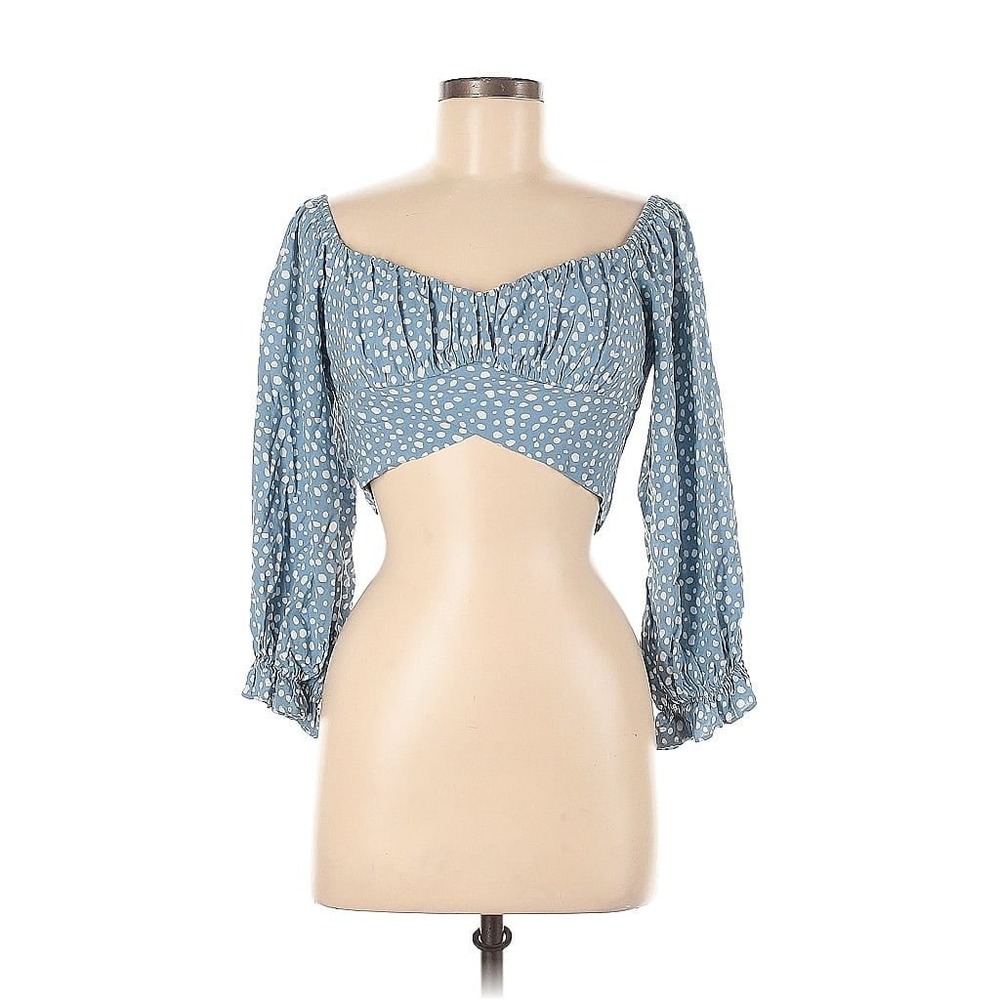 Shero Women's 3/4 Sleeve Blouse Crop Top Size S Blue Rayon Printed Boho Feminine
